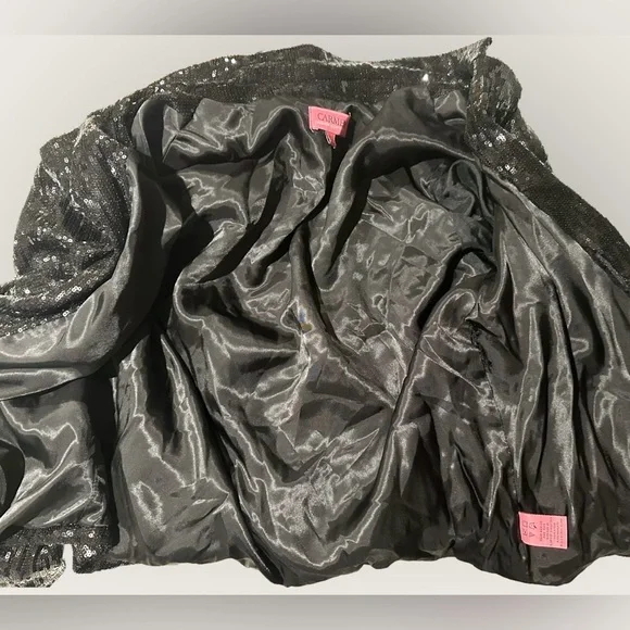 Carmen Marc‎ Valvo Womens Jacket open Black Sequin Lined Drape Collar L - Picture 8 of 11